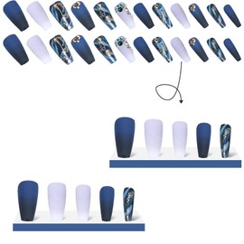Long Press on Nails Dark Blue Glossy Square Fake Nails, Full Cover Reusable Coffin Artificial Acrylic Color Rhinestone False Nails with Gold Sequins Design, Women DIY Glue on Nails Manicure for Set