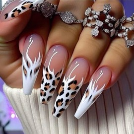 EYZOTSF Press on Nails Coffin Shaped Acrylic Extra Long Square False Nails with Designs Artificial Long Length Coffin Fake Nails with Charms Glue Stick ons Fingernails for Women Girls(F749)