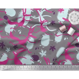 Soimoi Pink Rayon Fabric Autumn Leaves,Porcupine & Fox Animal Print Fabric BTY 56 Inch Wide