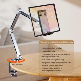 Rotatable Holder Stand Tablet Holder Multi-Angle Design Phone Clip Swivel Mount Desktop Aluminum Alloy Cantilever Bed Desk Home Live Folding Bracket Compatible with 4"-13" Phone Tablet (Gray)