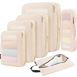 BAGAIL 4 Set/6 Set/8 Set Compression Packing Cubes Travel Accessories Expandable Packing Organizers (Cloth Pattern, 4-Matcha Green)