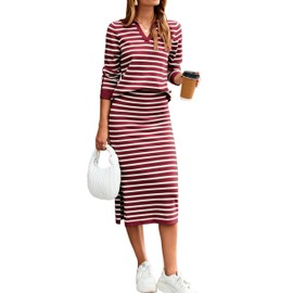 Glamaker Womens 2 Piece Skirt Sets Striped Sweater Dress Casual Polo Neck Long Sleeve Knit Dresses Winter Clothing Red White M