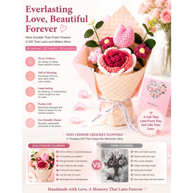Pink Crochet Flower Bouquet with Card