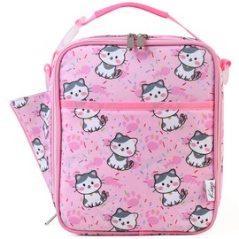 Kasgo Lunch Bag for Kids, Reusable Insulated Lunch Box Cute Packed Lunch Bag with Shoulder Strap Water Bottle Holder Mini Cooler for Girls, Pink Kitten
