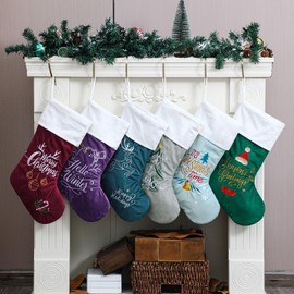 E-FirstFeeling 6 Pack Christmas Stockings Large Family Christmas Stockings Soft Velvet Xmas Stockings Embroidery Patterns Hanging Stockings Ornamemts for Christmas Holiday Party Decorations (6 Pack)