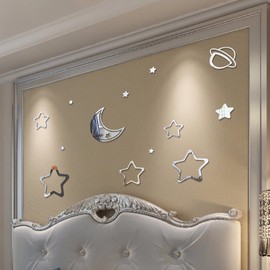 Stars Moon Acrylic Mirror Wall Sticker,3D Wall Decorations,Boho Moon Stars Babyroom Wall Art for Boys Girls Bedroom Home Farmhouse Living Playroom