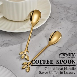 Ateweita Tea Spoon Set, Stainless Steel Coffee Spoon, Highly Polished, 12 cm Small Spoon with Elegant Leaves Design, Mocha Spoon, Coffee Spoons Kit