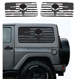 Compatible with Jeep Wrangler JL (2 Door) 2018-2025 Precut American Flag Window Decals Both Side Proudly Made in The US Matte Black (Punisher US Flag)