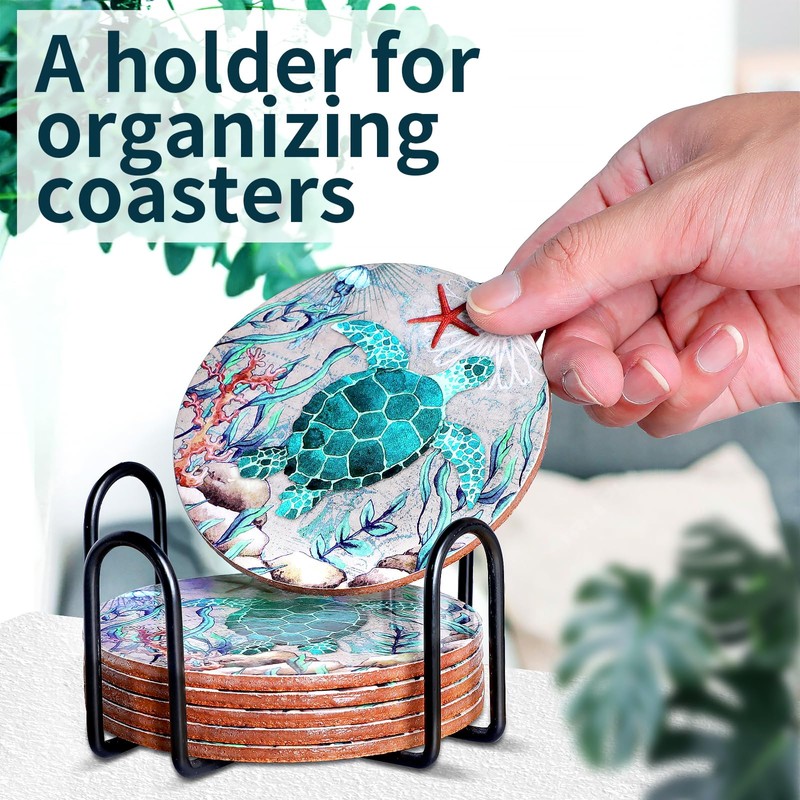 Coasters for Drinks Turtle Cork Base Coasters with Holder Sea