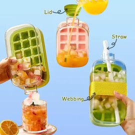 Ice Cube Bottle, 2 In 1 Ice Cube Bottle With Straw and Strap, Portable Touch Free Ice Cube Trays, Press To Release Ice Tray for Home Ice Making, Outdoor Picnics (Green,1PCS(800ML))