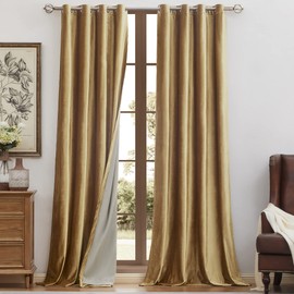 BULBUL 100% Blackout Velvet Window Curtains Gold 96 inch Long， Room Darkening Curtains Heavy Thermal Insulated Grommet Livingroom Window Drapes with Black Liner 2 Panels Set