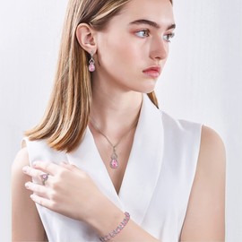 EleQueen Jewelry Set for Women, Pink Teardrop Cubic Zirconia Necklace Open Ring Earrings Bracelet Sets, Wedding/Anniversary/Valentine's Day/Mother’s Day Gifts for Bridesmaid/Wife/Friend/Mom