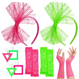 juciasouul 10 Pcs 80s Accessories for Women Lace Headband Neon Errings Fish Net Gloves 80s Outfit for Women for 80 S Retro Party Various Festivals