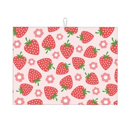 Pink Strawberry Dish Drying Rack Mat for Kitchen Counter XL, Cute Flower Dish Drying Pad Absorbent Reversible Microfiber Protector for Coffee Bar Sink Countertops 18x24 Inch