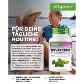 Resveratrol - 520 mg per capsule - 98% trans-resveratrol from Japanese knotweed root extract 100:1 + piperine for optimised bioavailability - 60 capsules - high dose - vegan