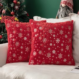 MIULEE Pack of 2 Christmas Cushion Covers Faux Fur Throw Pillow Cover Fluffy Soft Decorative with Snow Patterns Square Pillow Covers Plush Case for Sofa Bedroom 18 x 18 Inches 45 x 45 cm Red