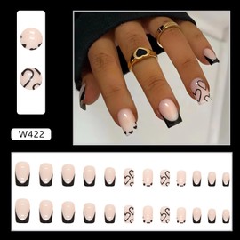Black Heart Press on Nails Medium Square Fake Nails Black French Tip Acrylic Nails Press ons Full Cover Valentine’s Day Glue on Nails Medium Stick on Nails Cute Artificial Nails for Women, 24Pcs