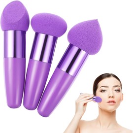 Ipetboom Esponjas de Maquillaje con Mango, Set de 3 Piezas, Esponja de Base Maquillaje en Forma de Corazón y Corte Diagonal, Uso Húmedo y Seco, Color Púrpura