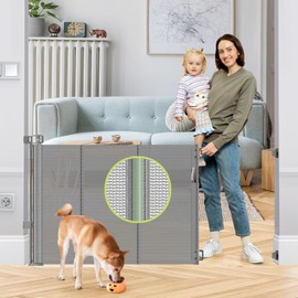 Reinforced 55" Wide Retractable Dog Gate with Support Beam Extra Tall Retractable Baby Gates for Doorway Mesh Pet Gate Retractable Gates for Dogs Indoor Child Gate Retractable Baby Fence/Barrier
