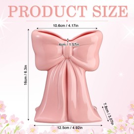 Jingmore Pink Bow Ceramic Vase Tall Slim Coquette Vase Pen Holder Makeup Brush Holder Contemporary Design Decorative Women Gifts for Home Office Shelf Table Living Room