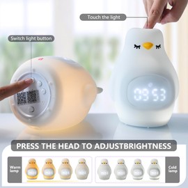 Kids Sleep Training Alarm Clock: App Control Night Light, Silicone, Sunrise Simulation, Rechargeable, Toddler Wake-Up Clock, Cute Penguin