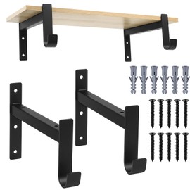 Pack of 2 Shelf Brackets Black Angle Metal Shelf Brackets, Heavy Duty Shelf Brackets with Hooks, 90 Degree Shelf Bracket Wall Mount for Wall Mount Shelf (203 mm/8 Inches/Black)