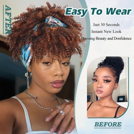 DEYNGS Ombre Headband Wig Afro Kinky Headband Wig with Bangs for Women Ombre Brown Head Wrap 2 in 1 for Women Curly Full Scarf Wigs Synthetic Short Afro Kinky Wigs
