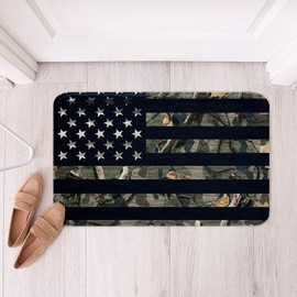 Camouflage American Flag Bathroom Mat,Army Green Camo Leaves Plant Non Slip Bath Rug Soft Fleece Microfiber,Stars Stripes USA Flag Entryway Door Mat for Floor Tub Machine Washable,16"x24"