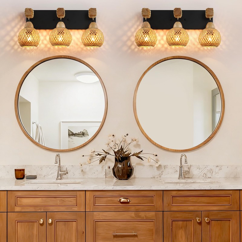 LmnLvn Farmhouse Bathroom Light Fixture, 3-Light Boho Vanity Light, Bamboo