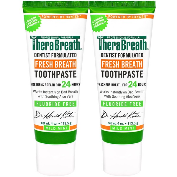 TheraBreath – Fresh Breath Toothpaste – Fluoride Free Formula - Stops Bad Breath – No Artificial Flavors or Detergents – Mild Mint Flavor – 4-oz. Tubes – Two-Pack