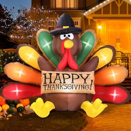 MICOCAH 6FT Thanksgiving Inflatables Turkey Decor with Pilgrim Hat & Colorful Tail, Build in LEDs Blow up Turkey Inflatable Outdoor Indoor Lawn Yard Thanksgiving Decorations - Autumn Holiday Harvest