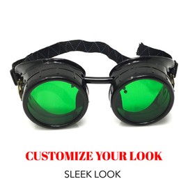 Steampunk Victorian Goggles Rave Glasses, Sleek and Stylish Industrial, Emerald Green Lenses