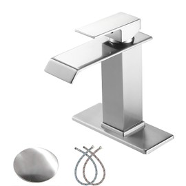 Bathroom Faucet Brushed Nickel Waterfall with Pop Up Drain Overflow Stopper Single Hole Vanity Sink Bath Lavatory One Handle Basin Mixer Tap with Supply Line Commercial Deck Mount