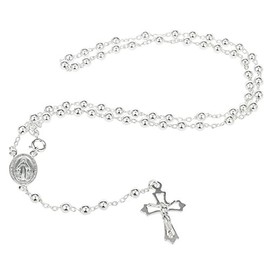 925 Sterling Silver 4mm 18 Inch Beaded Rosary Necklace with Dangling Cross.