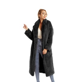 SUGAR POISON Women Faux Fur Winter Coats Comfort Warm Outerwear Open Front Long Cardigan Overcoat Jacket (Black, L)