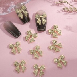 10pcs Gold Bow Charms - Sparkling Alloy Bow Tie Knot Art Accessories for Nail Decor - 3D Metal Jewelry Cute Bagged Manicure Accessories
