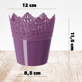 KADAX Lace Plastic Flower Pot, 9 Colours, Flower Pot with Lace Motif, Flower Pot Protector for Office, Pot, Garden Bowl, Flower Pot, Planter (Diameter 12 cm, Low, Purple)