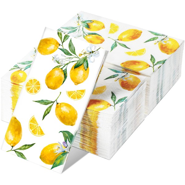 120 Pieces Lemon Napkins 3 Ply Disposable Lemon Paper Yellow Citrus Fruit Lemons Guest Towels Lemon Cocktail Hand Paper Napkins for Kitchen Bathroom Summer Spring Tea Party Baby Shower