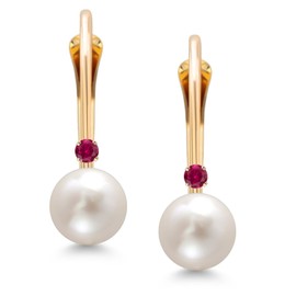 Gem Stone King 14K Yellow Gold Round White Cultured Freshwater Pearl and Round Red Created Ruby Leverback Drop Dangle Earrings For Women (Pearl: 5.5MM, Ruby: 1.5MM)
