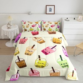 Feelyou Cute Boba Bedding Set Queen Size for Kids Toddler Milk Tea Comforter Set Boys Girls Kawaii Bubble Tea Bedding Set Cartoon Boba Duvet Insert Bed Set 3Pcs