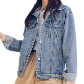 Saukiee Oversized Denim Jacket Distressed Boyfriend Jean Coat Jeans Trucker Jacket for Women Girls lightblue XL
