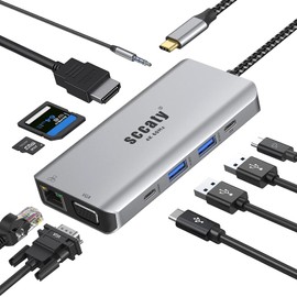 USB C Hub 10 in1 with 4K@60Hz HDMI, 1000Mbps Ethernet Port, 100W PD Charging, VGA, 3.5mm Audio Port, SD & TF 3.0 Card Reader, Docking Station for Laptop and Type C Device.