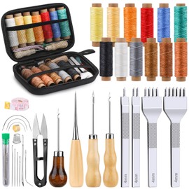 MORFEN 56Pcs Leather Stitching Punch Kit, Sewing Kit with 4mm Prong Sewing Hole Punch Waxed Thread Hand Sewing Stitching Needles Leatherworking Tools for Beginners DIY Leather Crafting