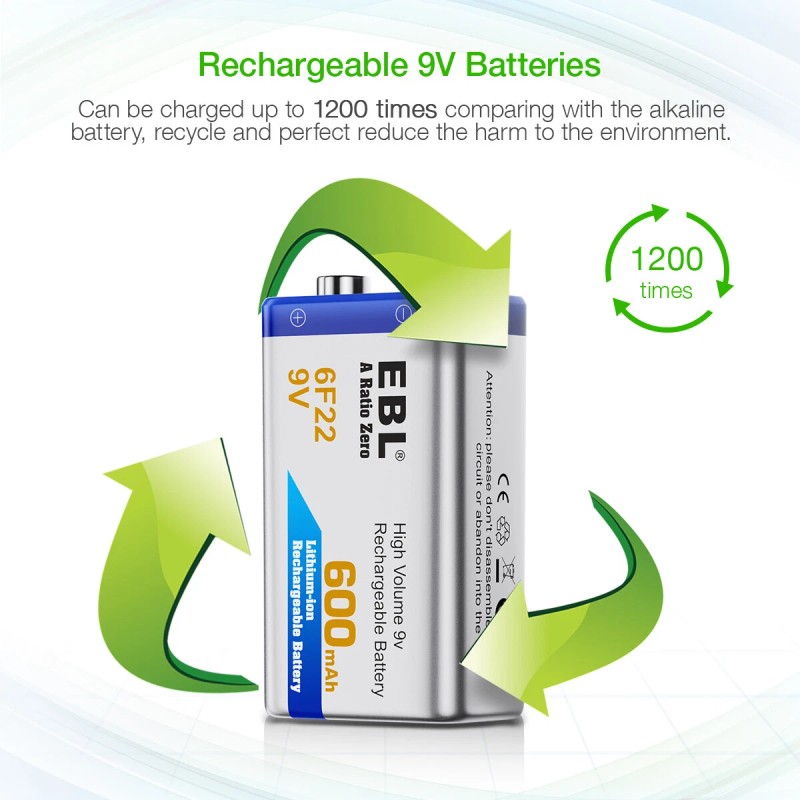 EBL 2Pcs EBL 9V 600mAh 6F22 Li-ion Rechargeable Batteries 9Volt
