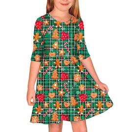 Christmas Outfits Girl Kids Gingerbread Candy Cane Crew Neck Ugly Casual Green Dresses 5-6 Years