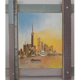 Oeuvre d'art peinture à l'huile fait main unique et signée. "Shanghai Skyline"
