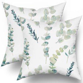 Sage Green Pillow Covers 20X20 Inch Spring Floral Watercolor Seafoam Blue Green Gray Eucalyptus Leaf Print Decorative Throw Pillow for Home Sofa Couch Bed Cotton Square Cushion Pillowscase, Set of 2