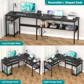 Hyomdeck Hyomdeck Reversible L Shaped Computer Desk with Power Outlets and USB Charging Ports, Sturdy Corner Desk with Storage Shelf, Modern Work Gaming Table for Home Office, Easy to Assemble, Black