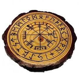 Wooden Viking Compass Set of 1 Plant Stand, Large Coaster, Candle Holder, Alter Plate, Vegvisir, with Carved Elder Furthark Alphabet Viking Runes for Divination (Viking Compass with Runes, Large)