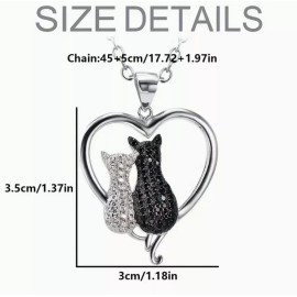 Unbranded Crystal Cats in a Heart Pendant Necklace Silver Tone